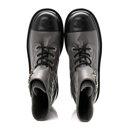 Chanel Shiny Lambskin Quilted Lace Up Combat Boots 37 Grey Black 5 of 11