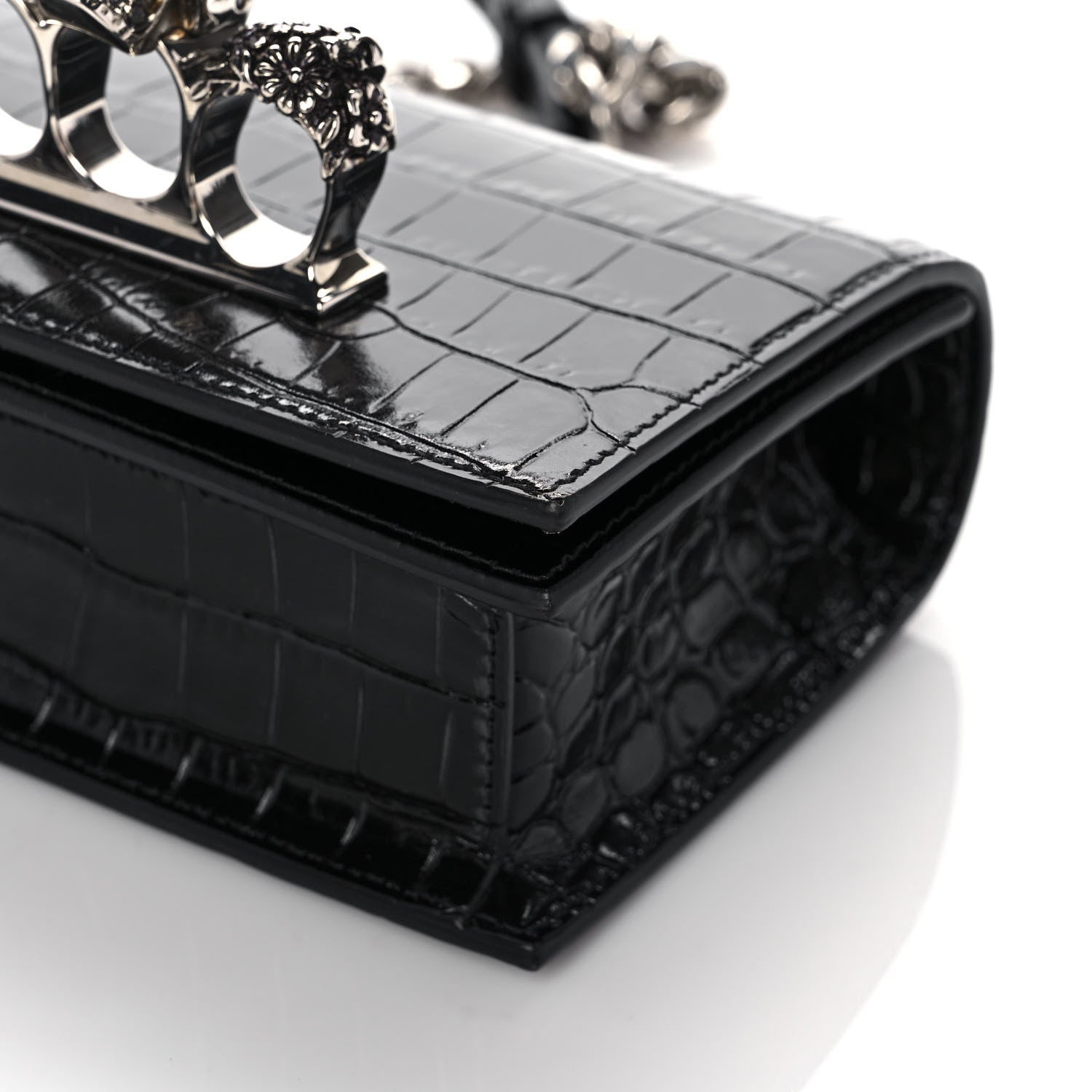 Alexander McQueen Shiny Crocodile Embossed Jeweled Satchel Black 8 of 9