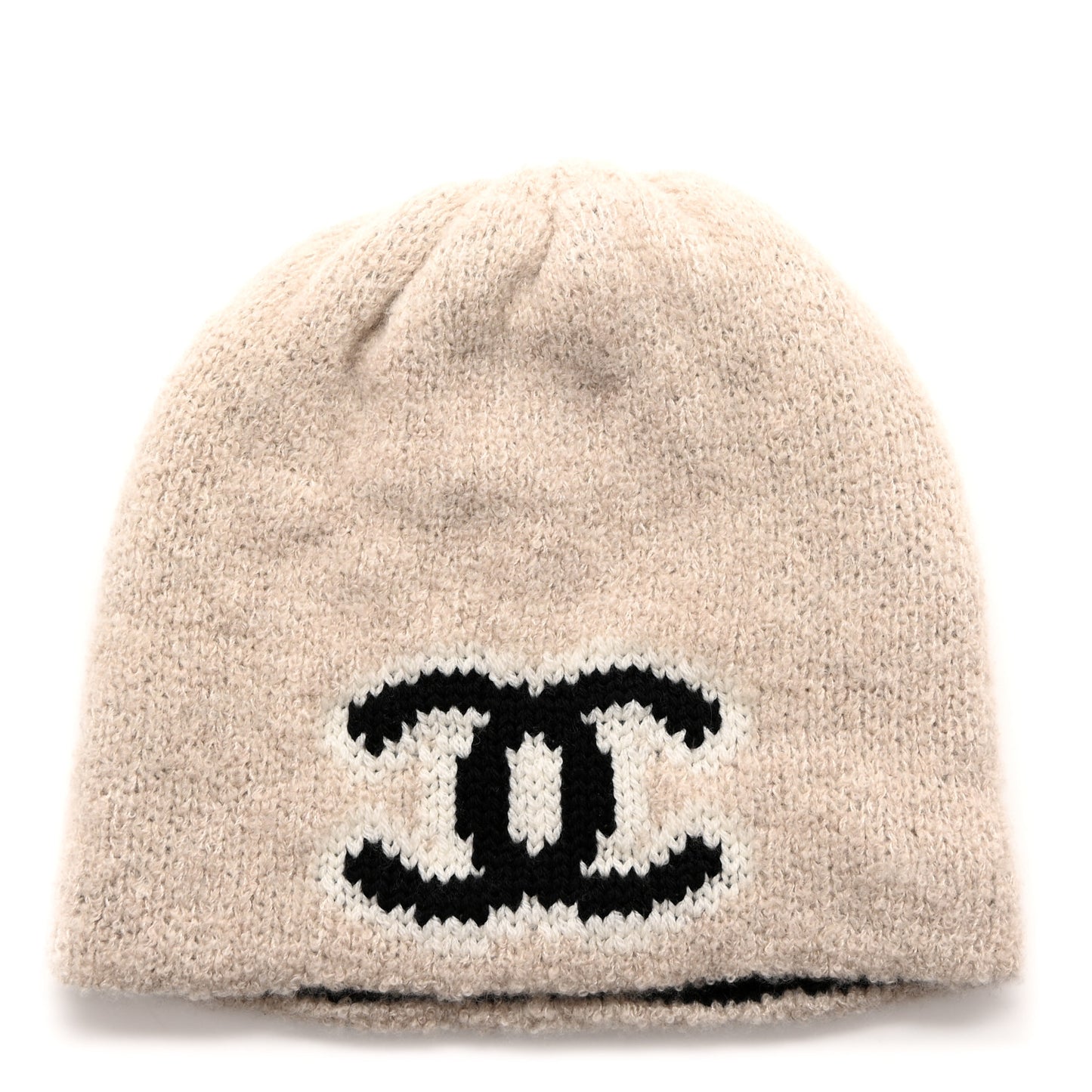 Wool Cashmere CC Beanie Hat Beige Black White