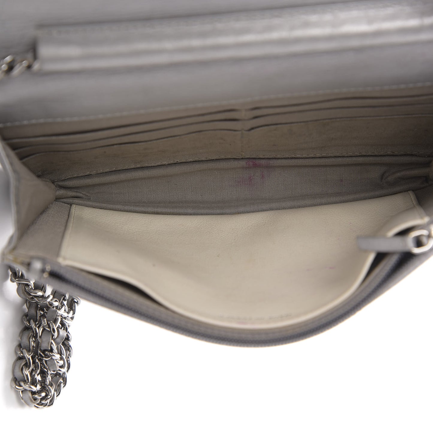 Metallic Aged Calfskin Quilted Wallet On Chain WOC Silver