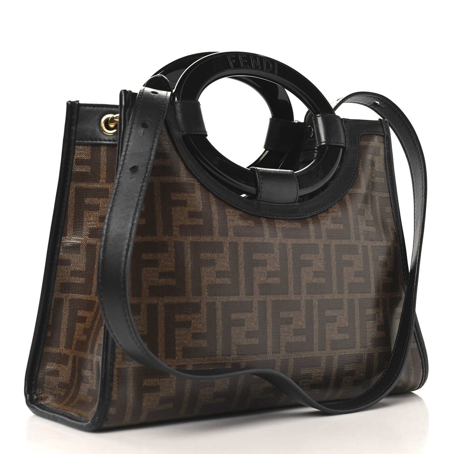Fendi Glazed Fabric Vitello Century Plexiglass FF 1974 Stamp Patch Small Runaway Shopper Tote Mogano Panna Black 3 of 12