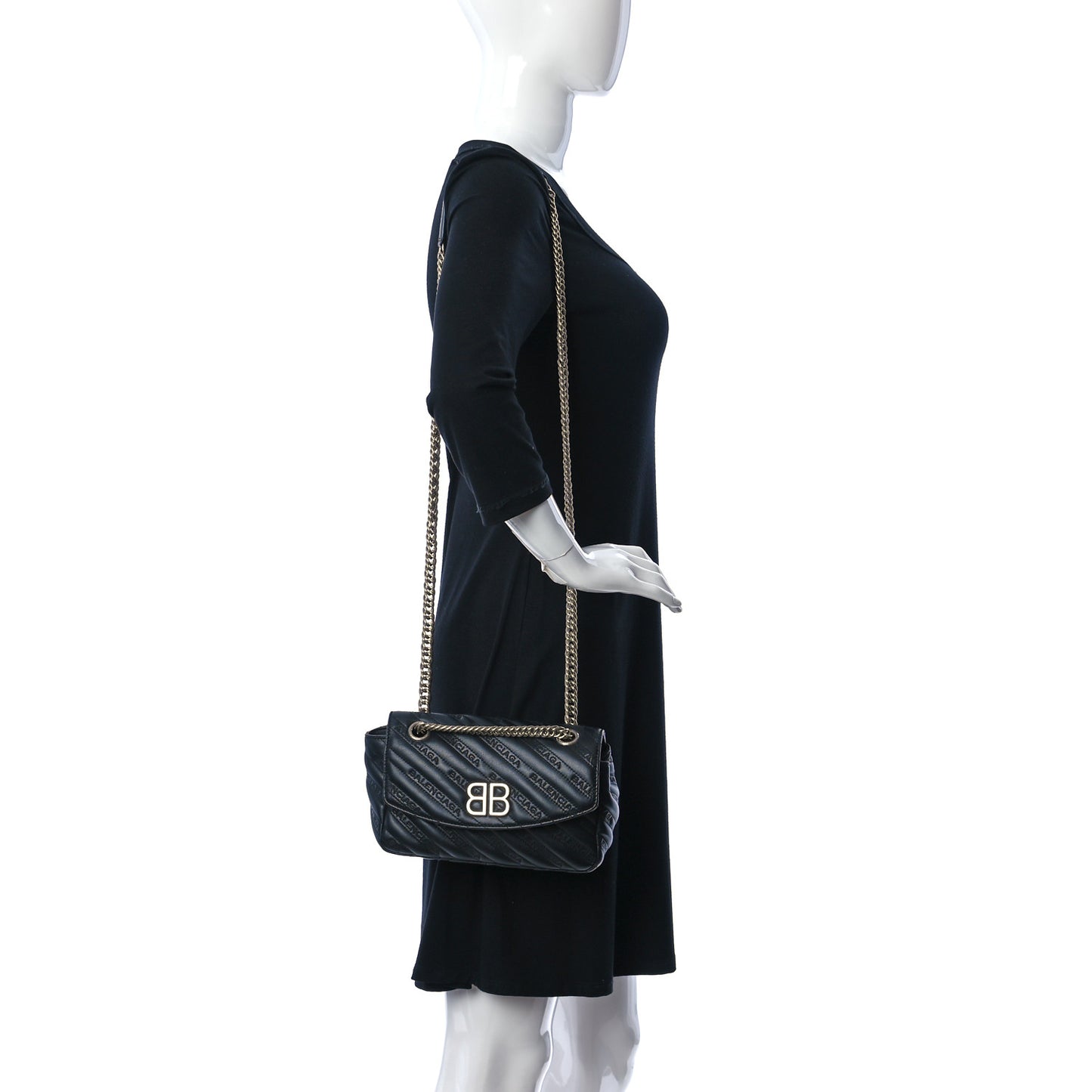 Calfskin Logo Matelasse S BB Round Shoulder Bag Black