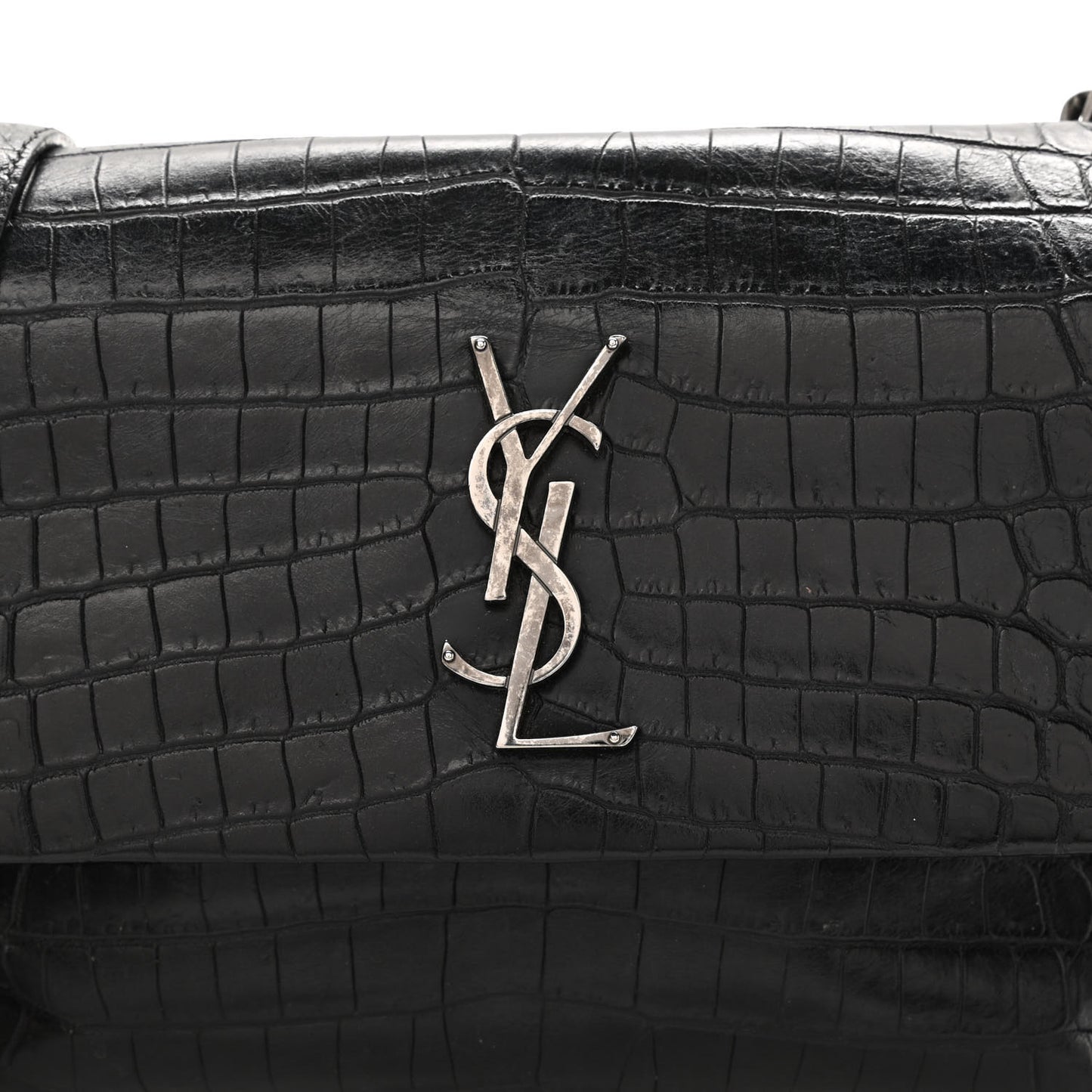 Calfskin Crocodile Embossed Medium West Hollywood Monogram Fold-Over Black