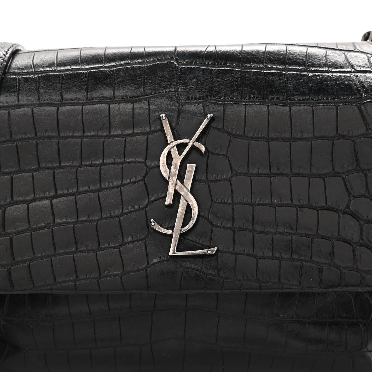 Saint Laurent Calfskin Crocodile Embossed Medium West Hollywood Monogram Fold-Over Black 14 of 23