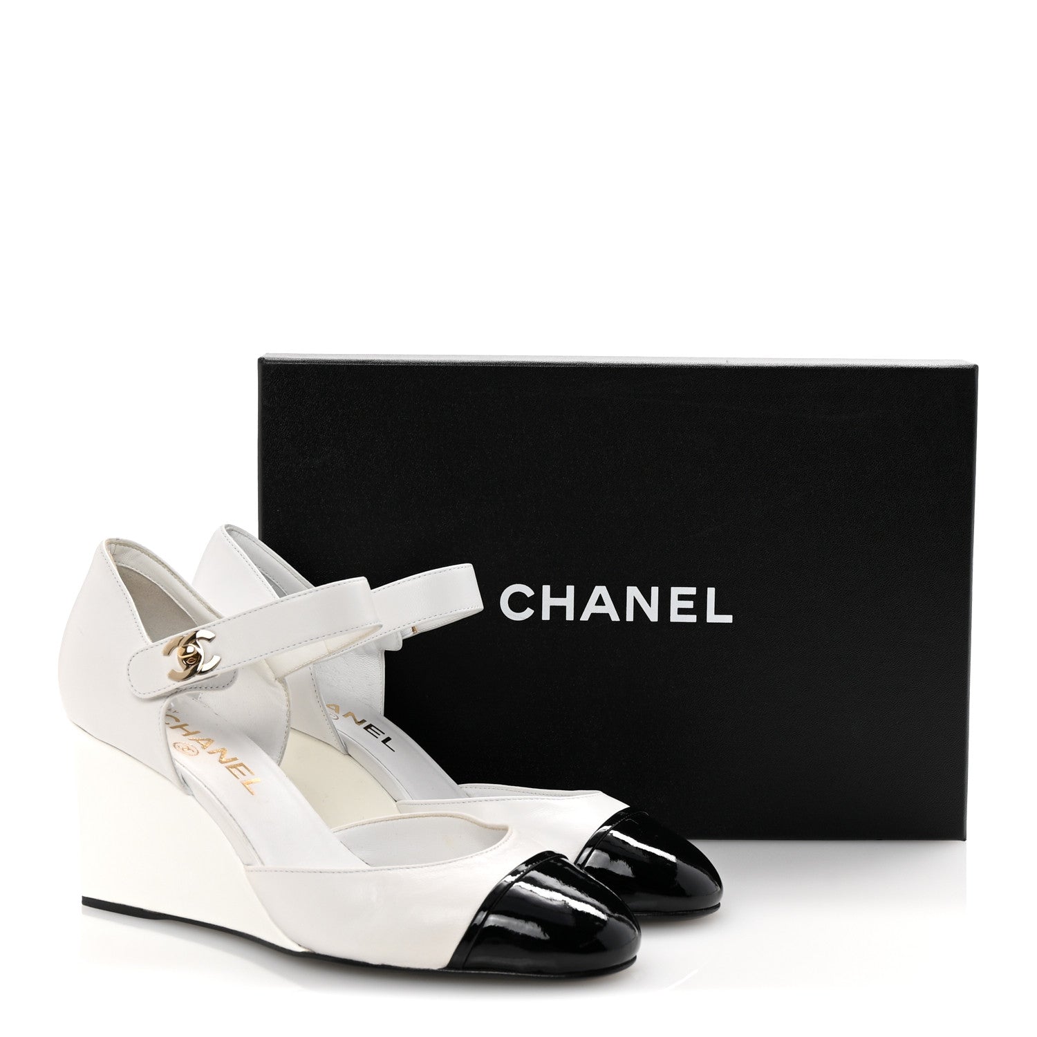 Chanel Lambskin Patent Cap Toe Mary Jane Wedge Pumps 38 White Black 10 of 10