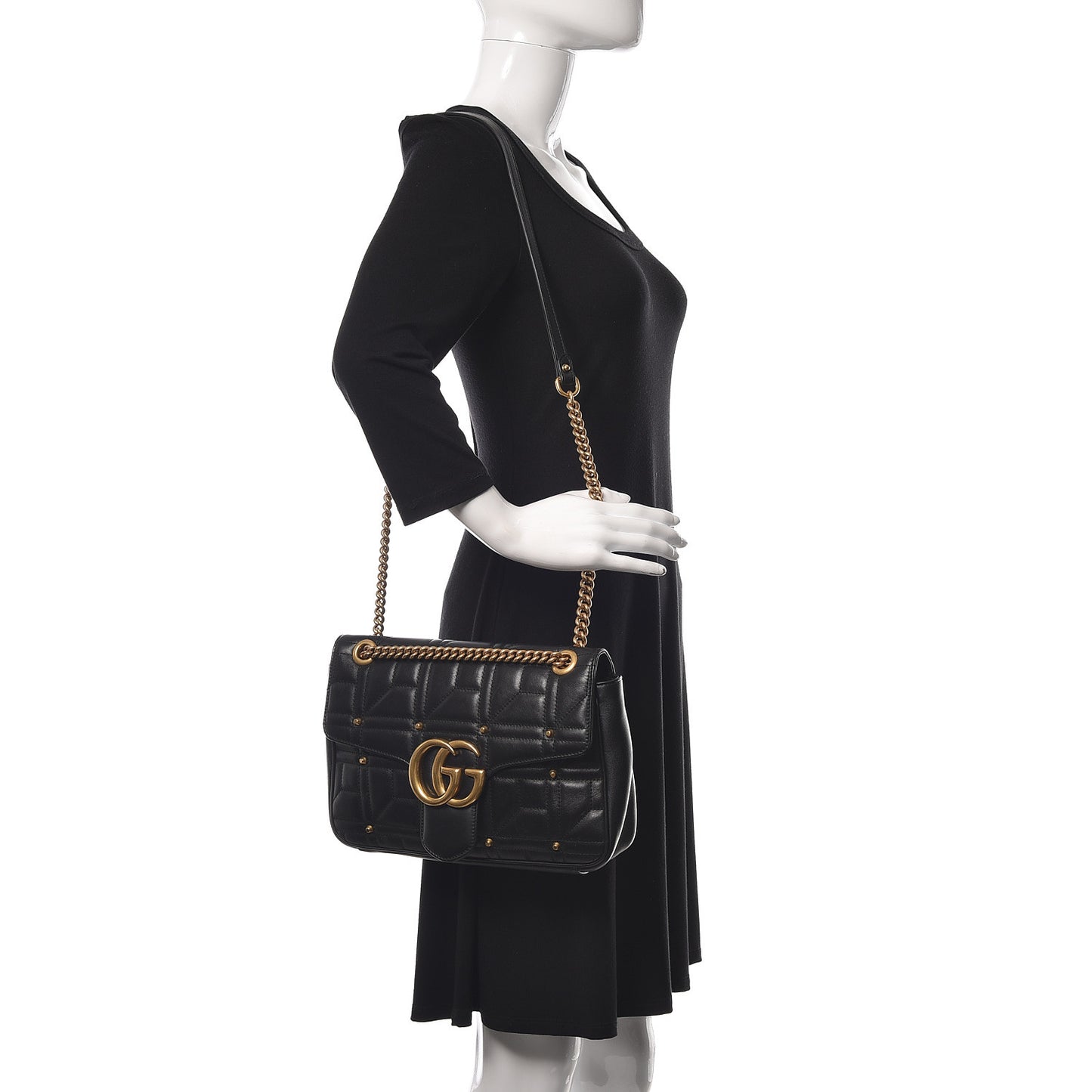 Calfskin Matelasse Studded Medium GG Marmont Shoulder Bag Black