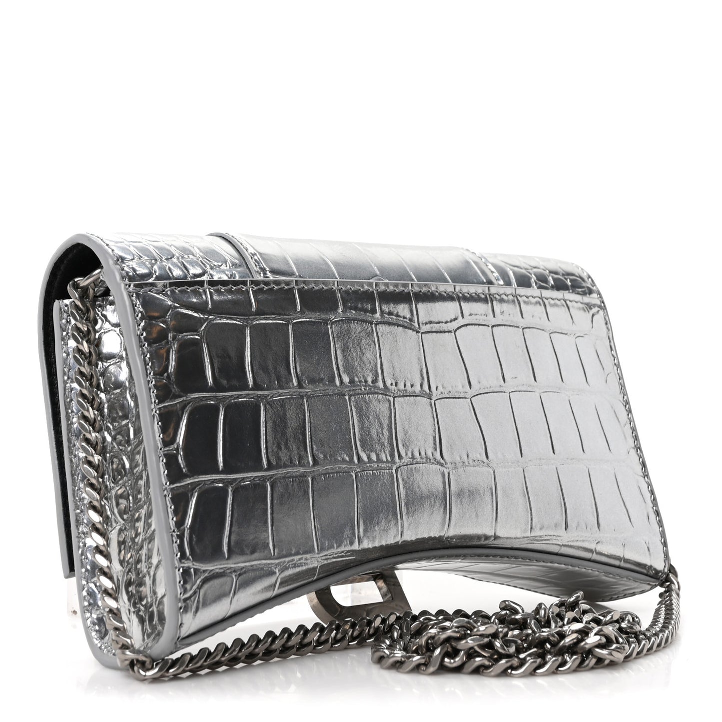 Metallic Calfskin Crocodile Embossed Hourglass Chain Bag Silver