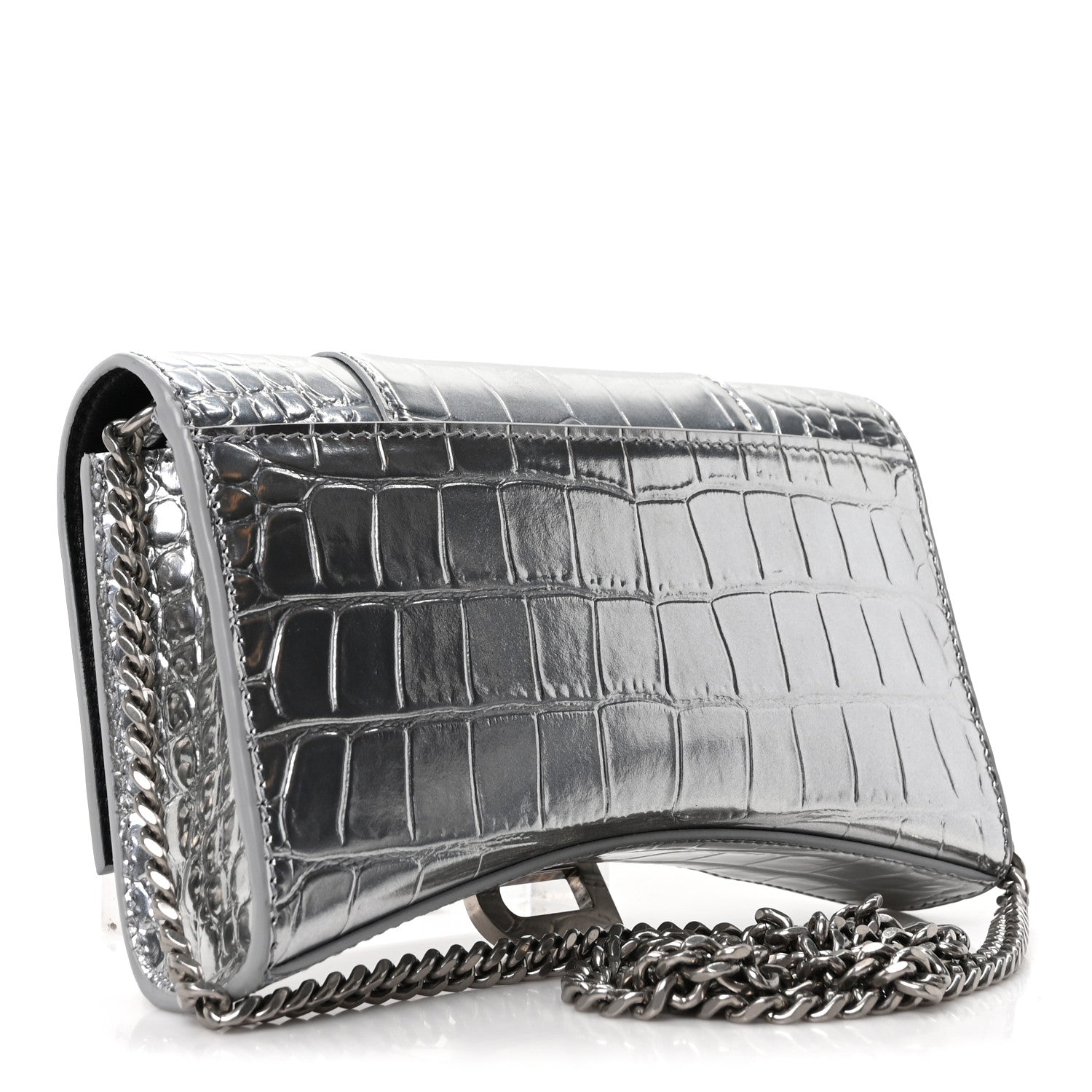 Balenciaga Metallic Calfskin Crocodile Embossed Hourglass Chain Bag Silver 3 of 9