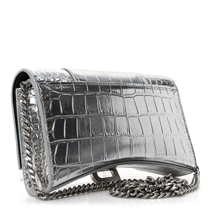 Balenciaga Metallic Calfskin Crocodile Embossed Hourglass Chain Bag Silver 3 of 9