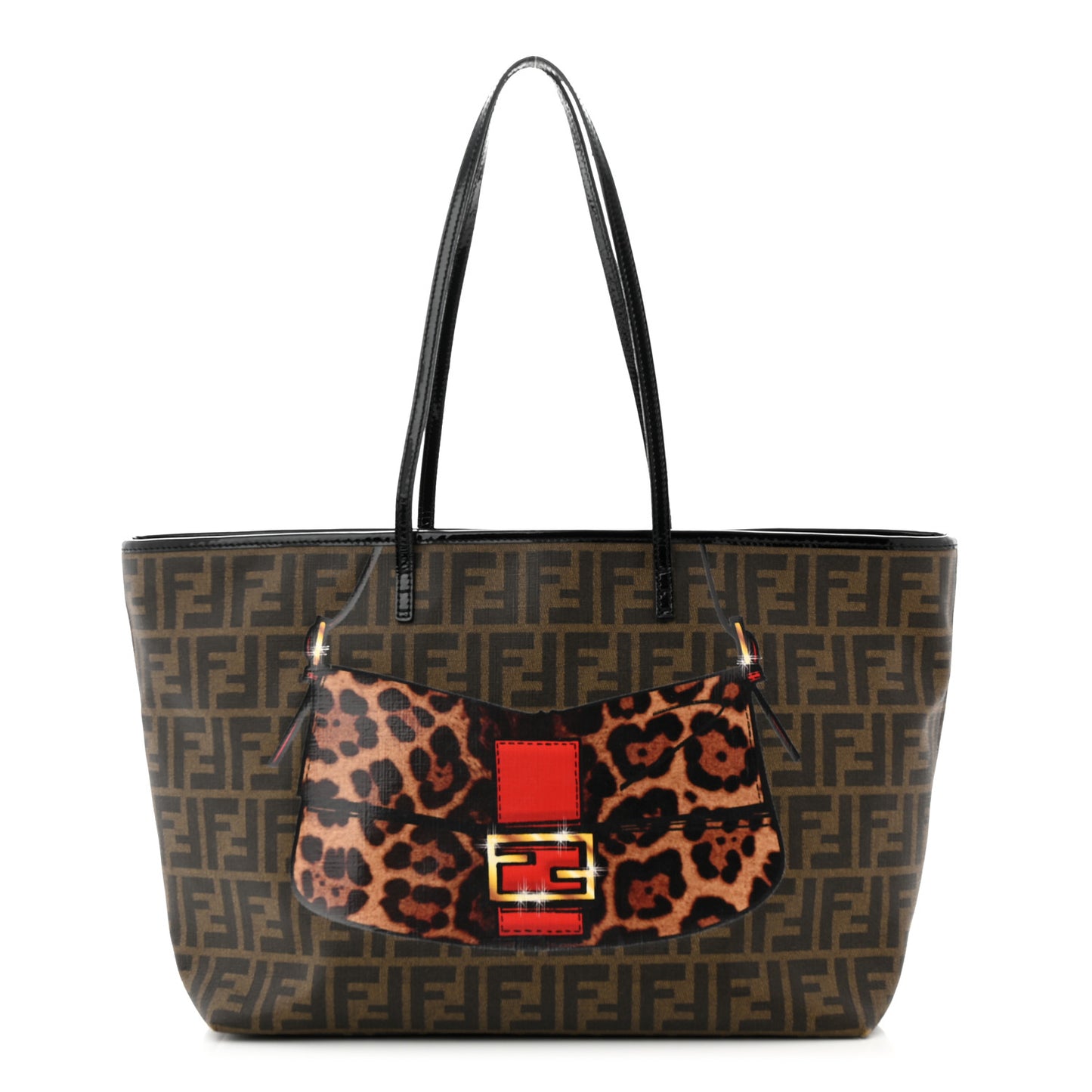 Zucca Spalmati Patent Baguette Print Medium Roll Tote Tobacco
