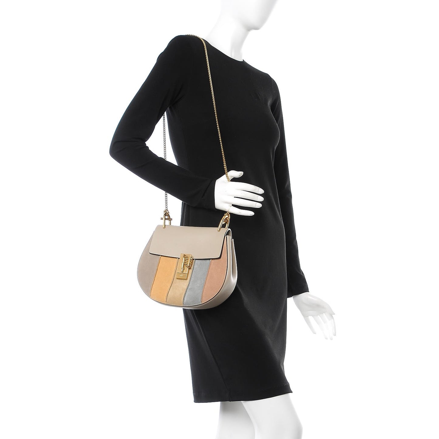 Suede Calfskin Striped Patchwork Drew Shoulder Bag Grey Multicolor