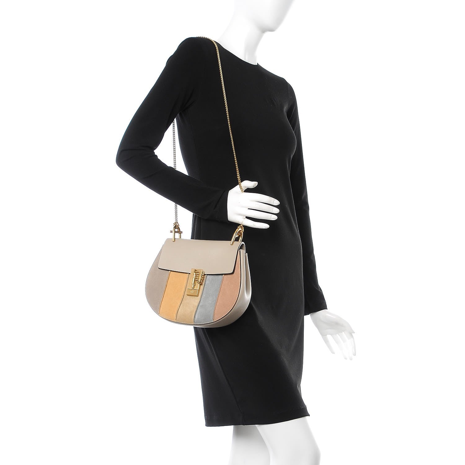 Chloe Suede Calfskin Striped Patchwork Drew Shoulder Bag Grey Multicolor 2 of 7