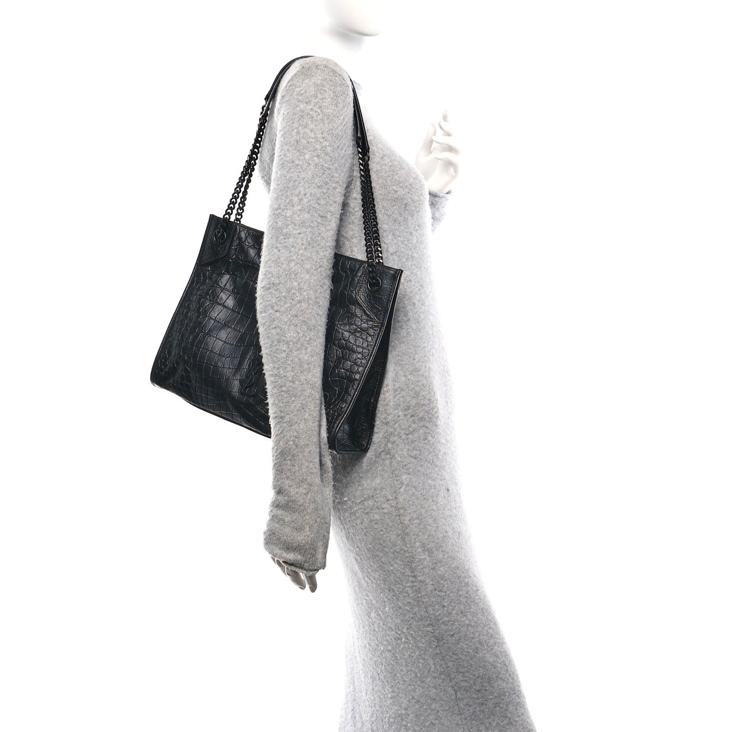 Calfskin Crocodile Embossed Monogram Medium Niki Shopping Bag Black