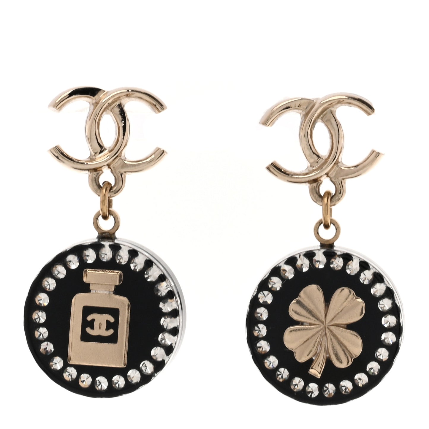 Metal Resin Enamel Crystal CC Perfume Bottle Drop Earrings Gold Black