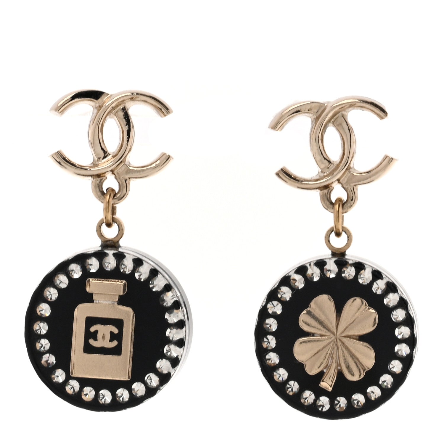 Chanel Metal Resin Enamel Crystal CC Perfume Bottle Drop Earrings Gold Black 1 of 5