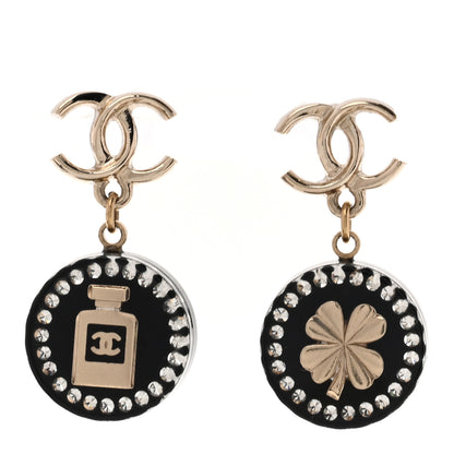 Chanel Metal Resin Enamel Crystal CC Perfume Bottle Drop Earrings Gold Black 1 of 5