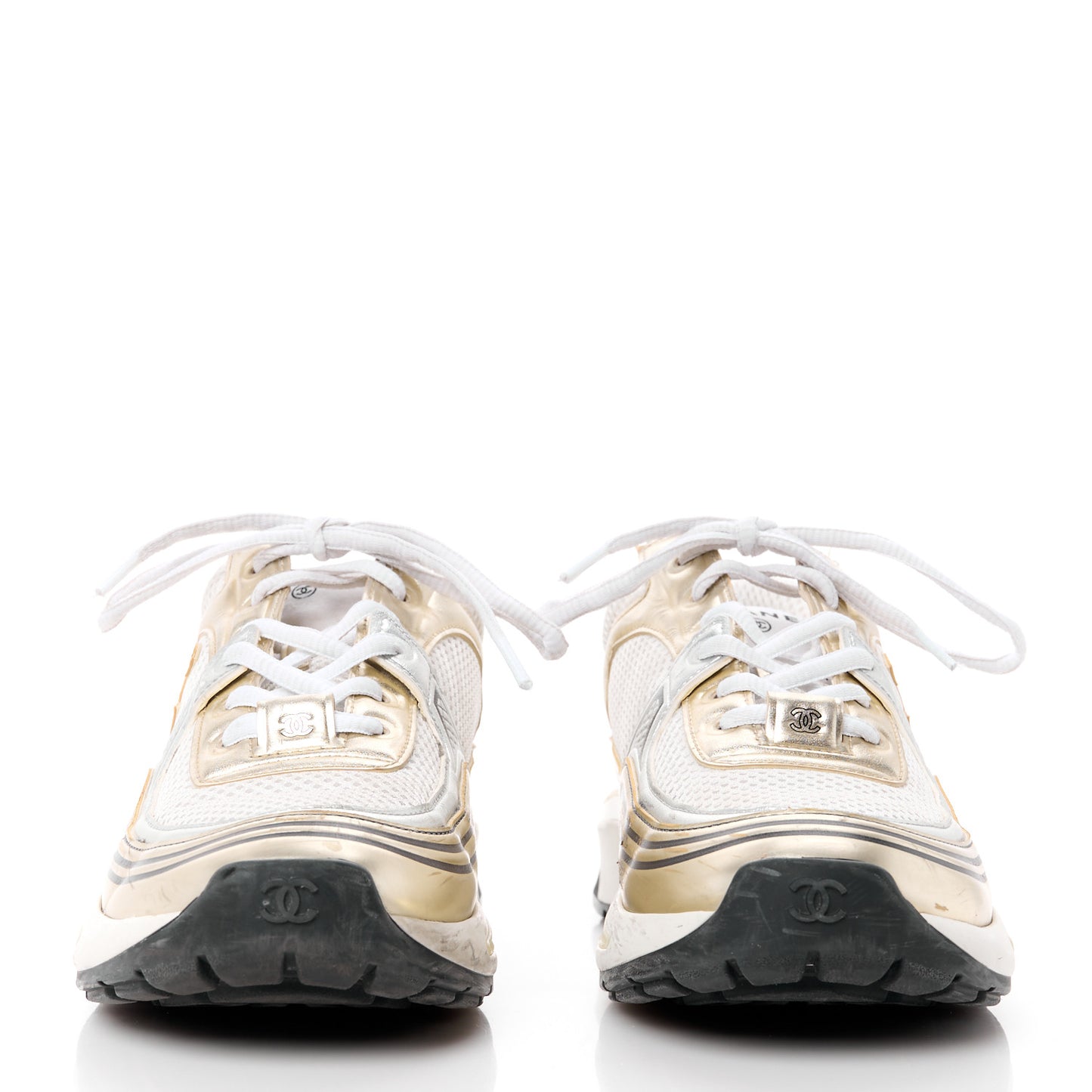 Fabric Laminated Calfskin Stretch CC Womens Sneakers 37.5 White Gold Silver