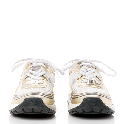 Chanel Fabric Laminated Calfskin Stretch CC Womens Sneakers 37.5 White Gold Silver 2 of 8