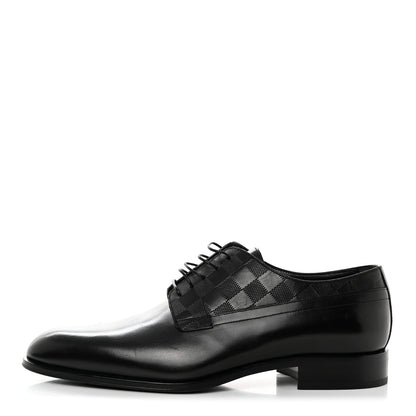 Louis Vuitton Glazed Calfskin Damier Embossed Haussmann Derby Lace Up Shoes 8 Black 1 of 9