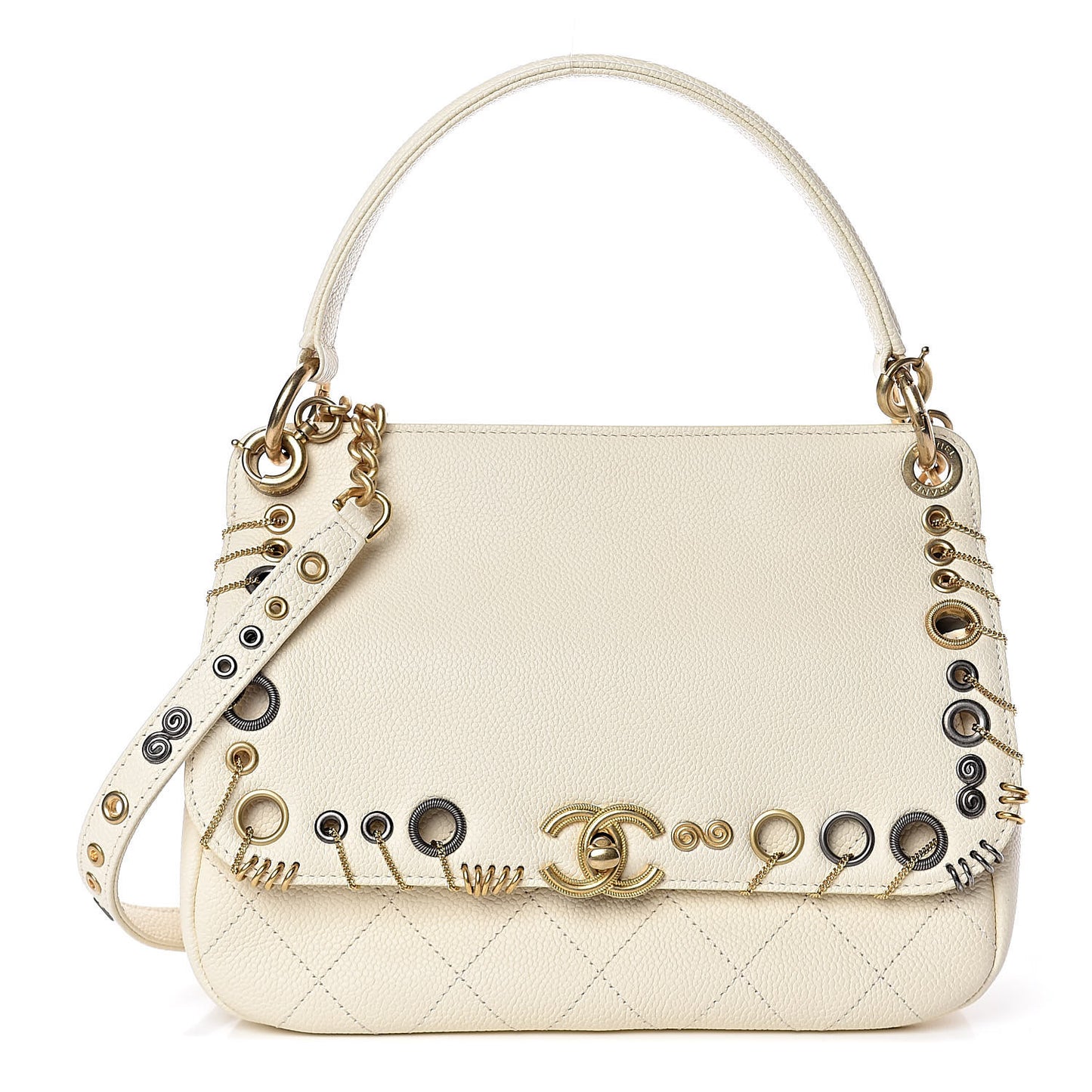 Caviar Quilted Grommet Embellished Small Piercing Chic Flap Bag Ivory