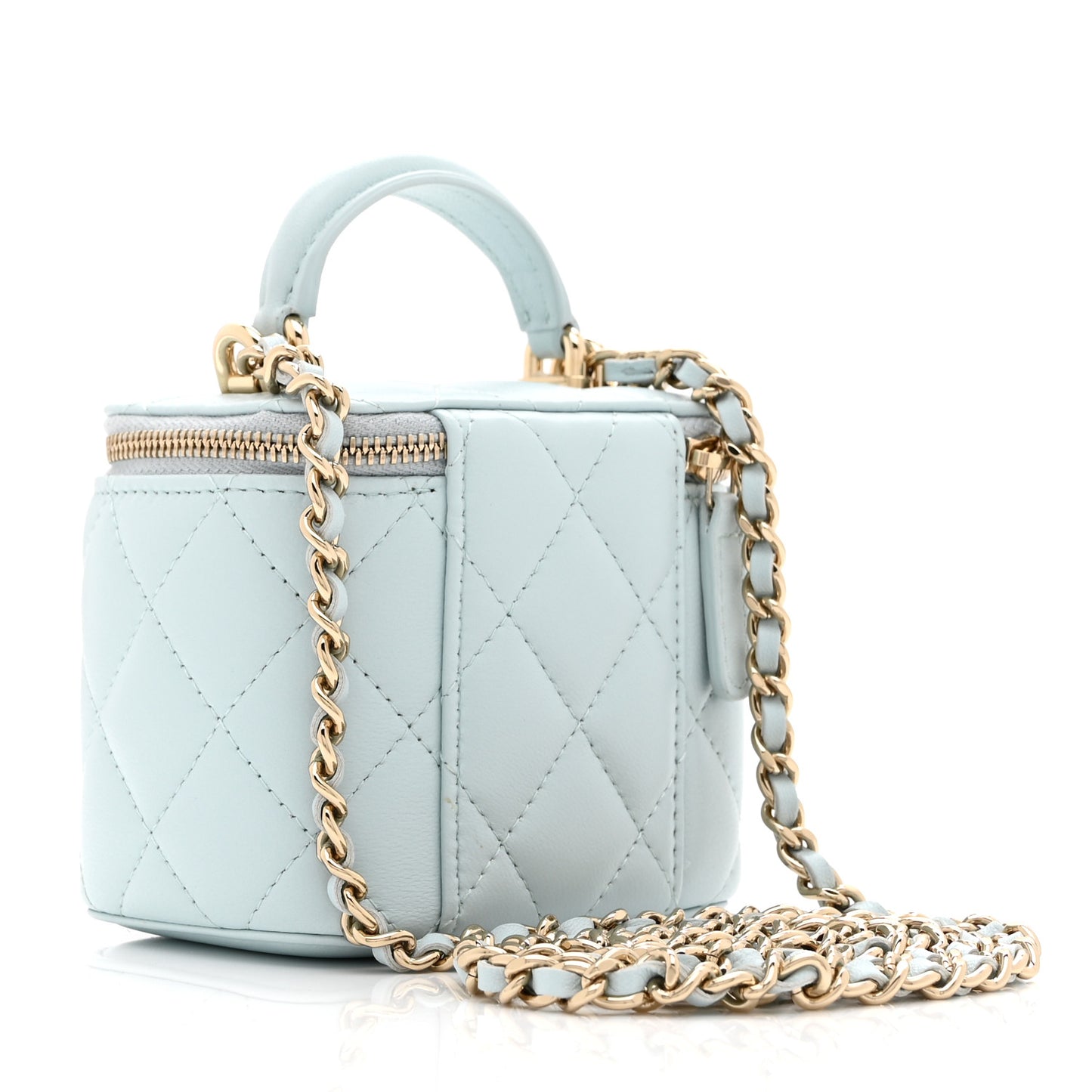 Lambskin Quilted Top Handle Mini Vanity Case With Chain Light Blue