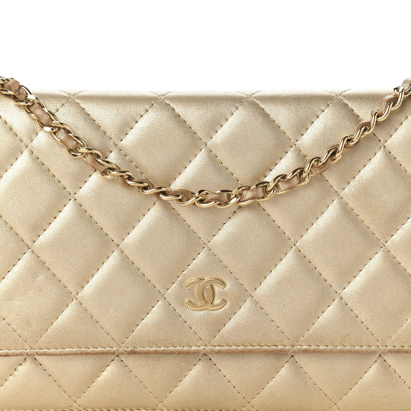 Metallic Lambskin Quilted Wallet On Chain WOC Gold