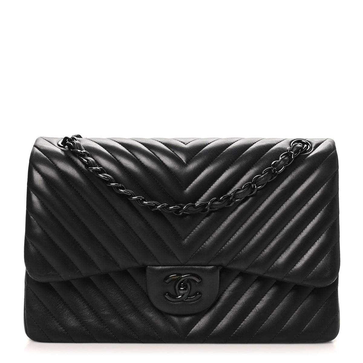 Lambskin Chevron Quilted Jumbo Double Flap So Black