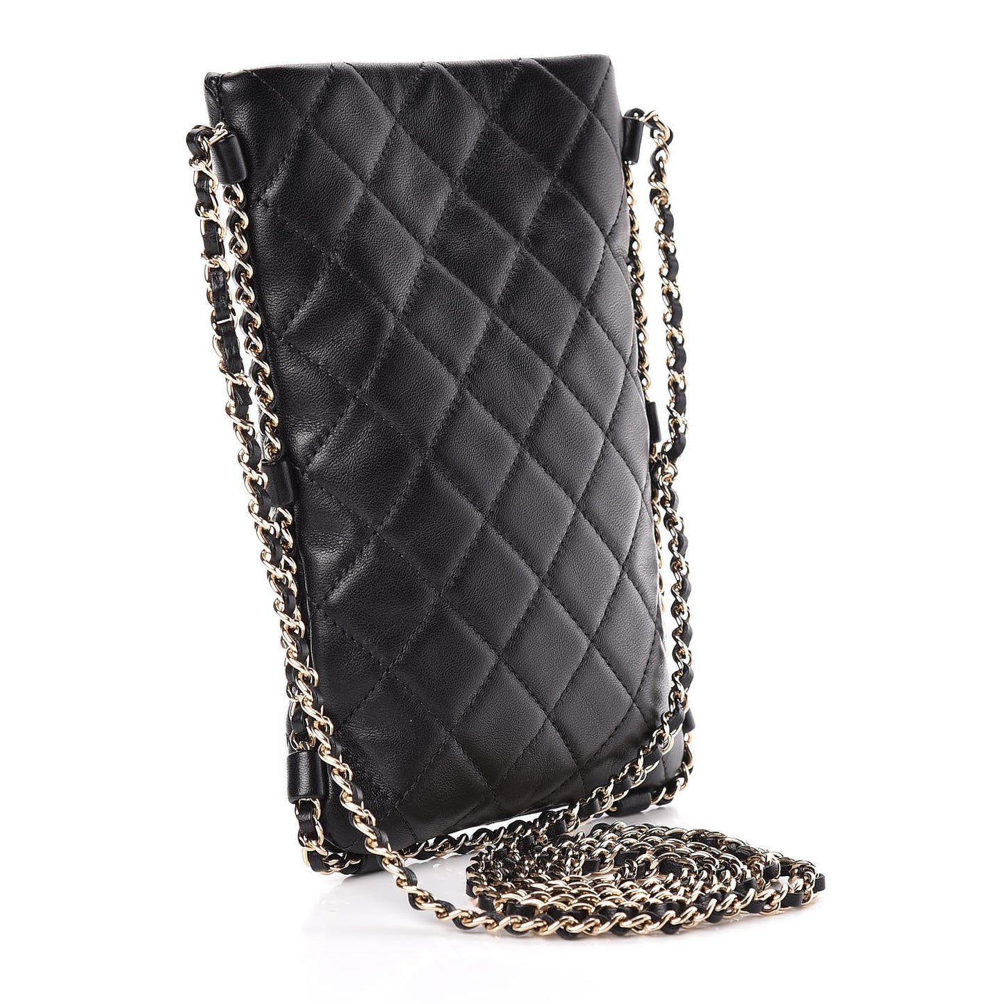 Lambskin Quilted Chain Around Phone Holder Black