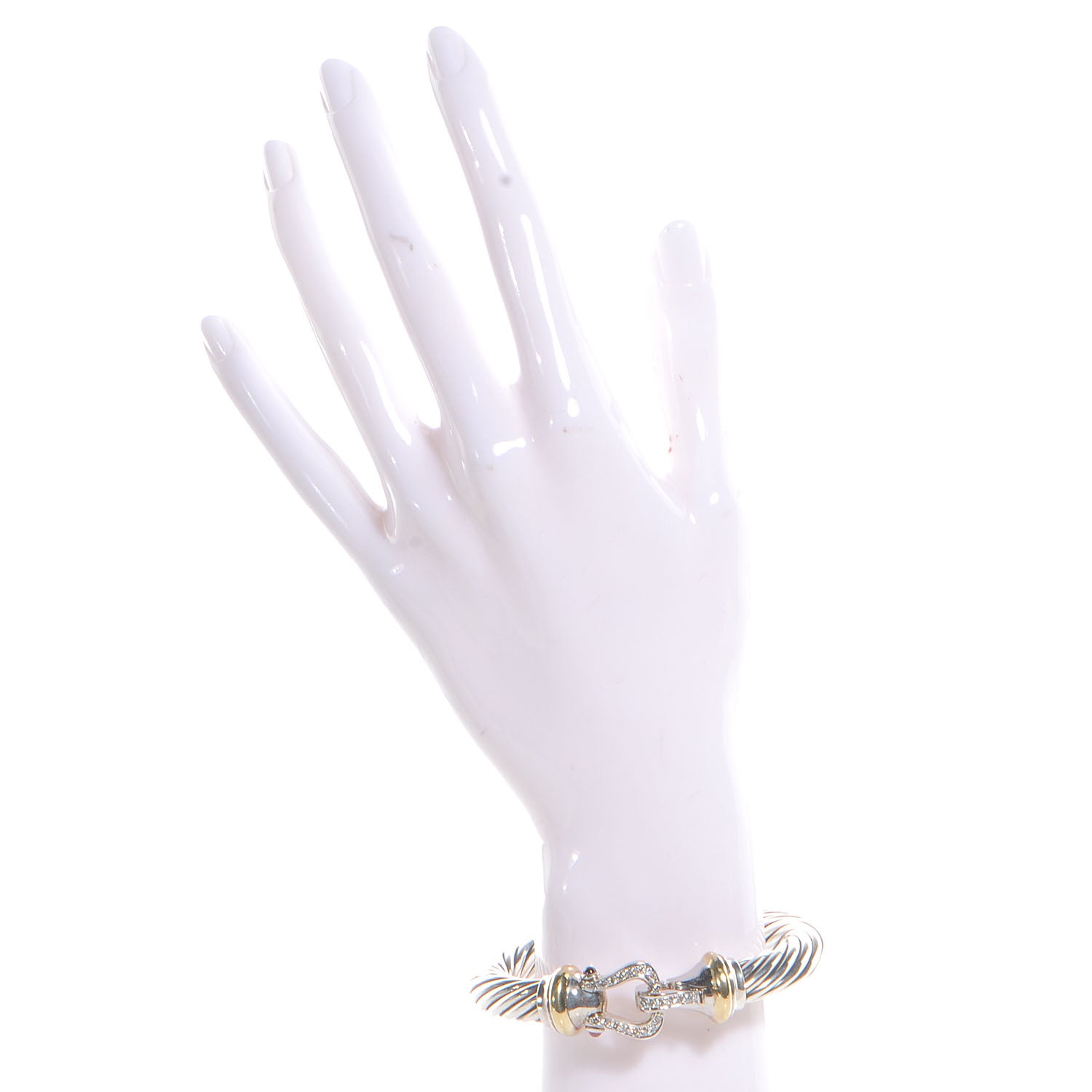 David Yurman Sterling Silver 18K Yellow Gold Diamond Pink Tourmaline 10mm Cable Buckle Bracelet 2 of 6