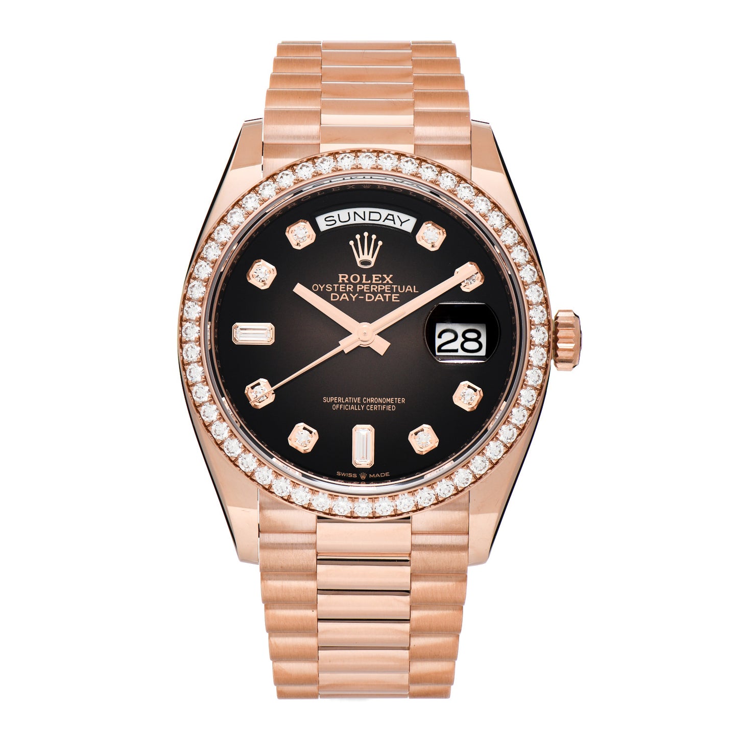 18K Everose Gold Diamond 36mm Oyster Perpetual Day-Date President Watch Brown Ombre 128345RBR
