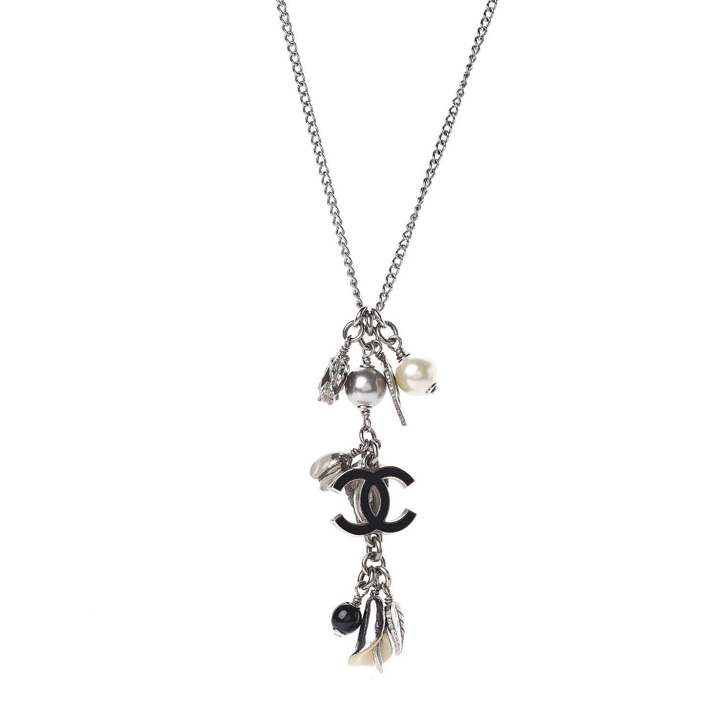 Enamel Bead Pearl Charms CC Drop Necklace Silver