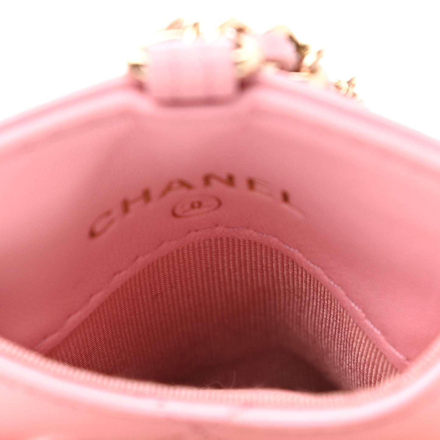 Lambskin Quilted Chanel Card Holder On Chain Pink