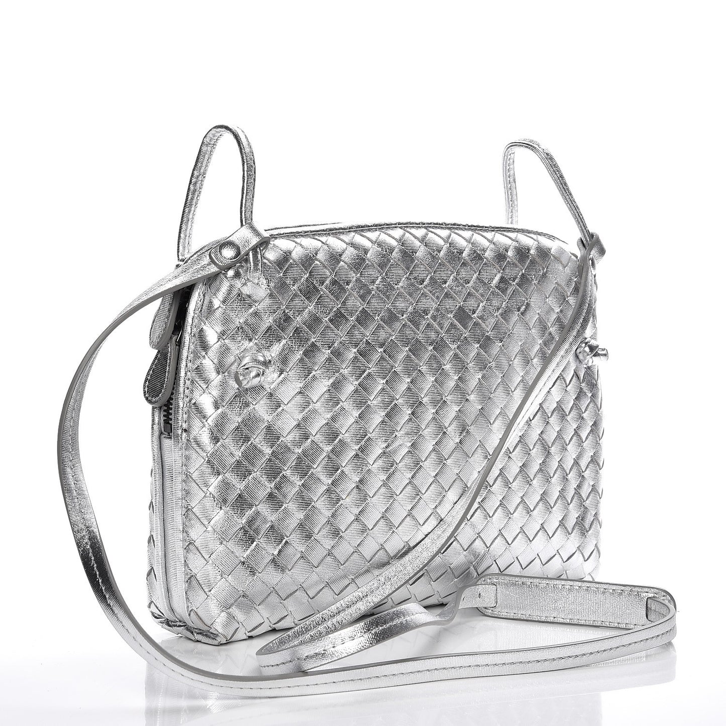 Metallic Nappa Intrecciato Pillow Crossbody Messenger Silver