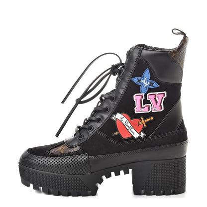Louis Vuitton Suede Calfskin Monogram LV Black Heart Laureate Platform Desert Boots 37.5 Black 1 of 7