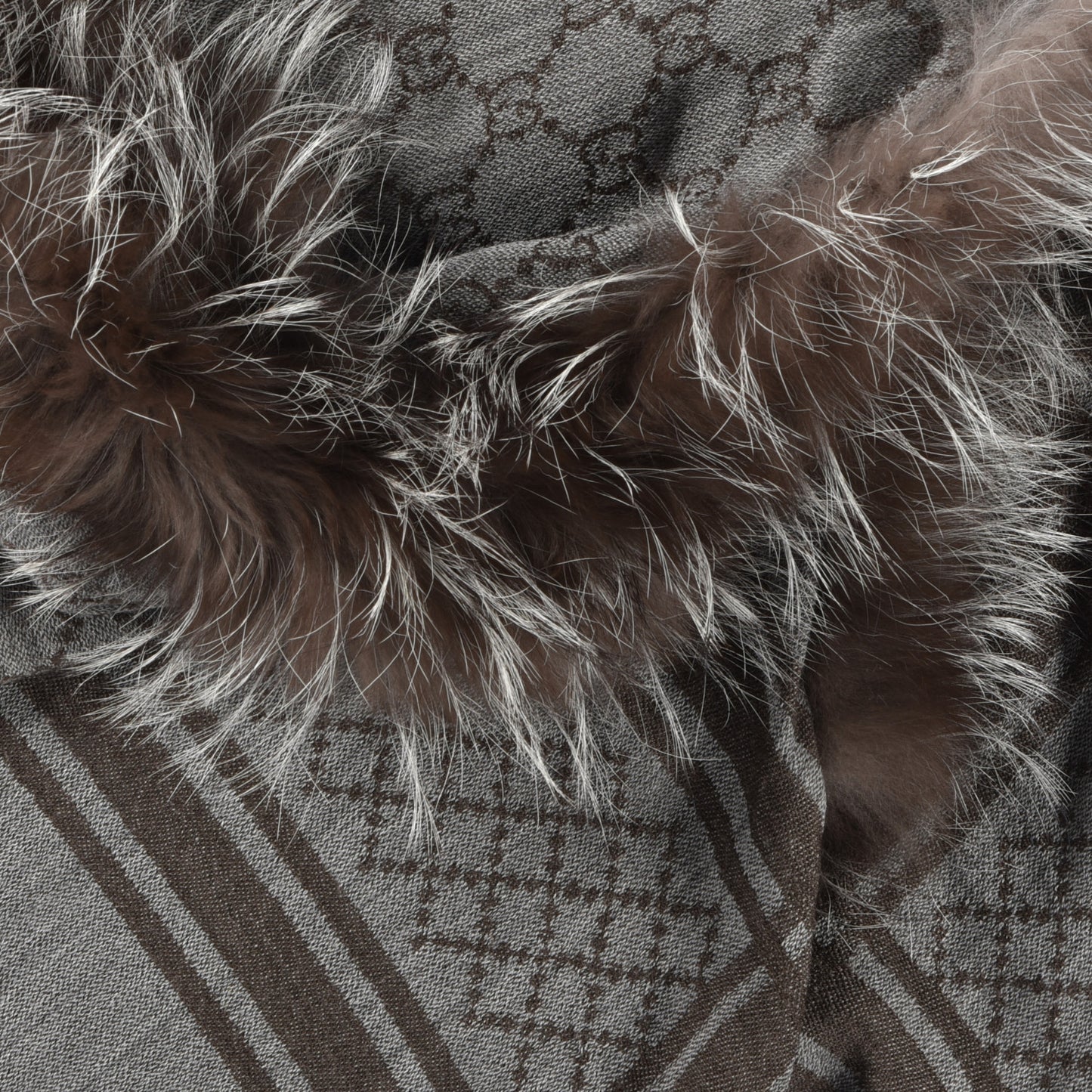 Wool Silk Fox Fur Monogram Shawl Scarf Brown