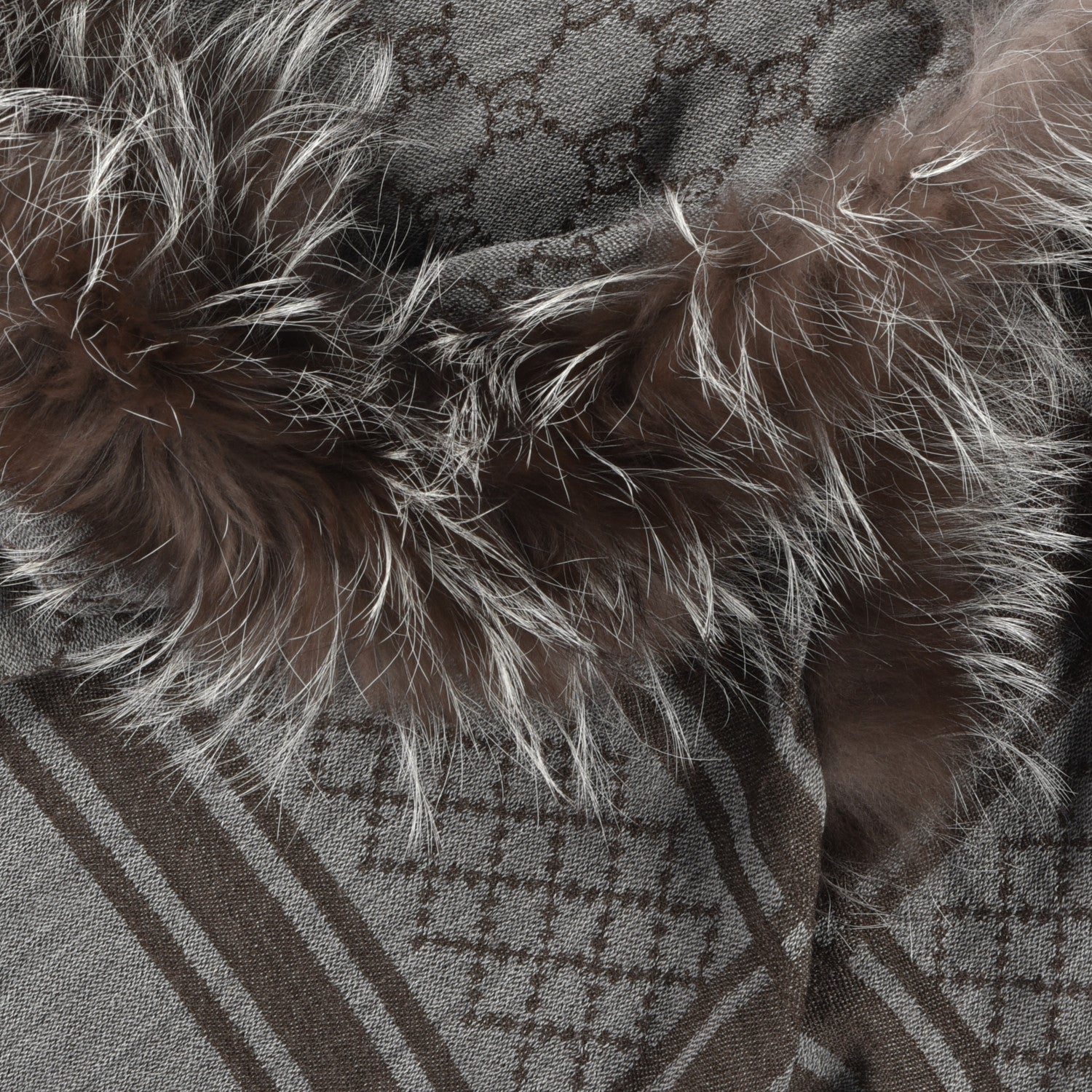 Gucci Wool Silk Fox Fur Monogram Shawl Scarf Brown 4 of 5
