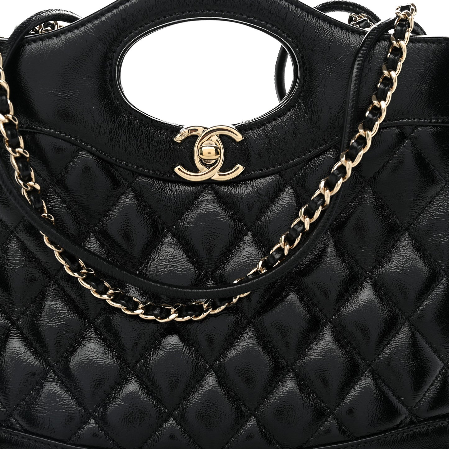 Shiny Crumpled Calfskin Quilted Mini 31 Shopping Bag Black
