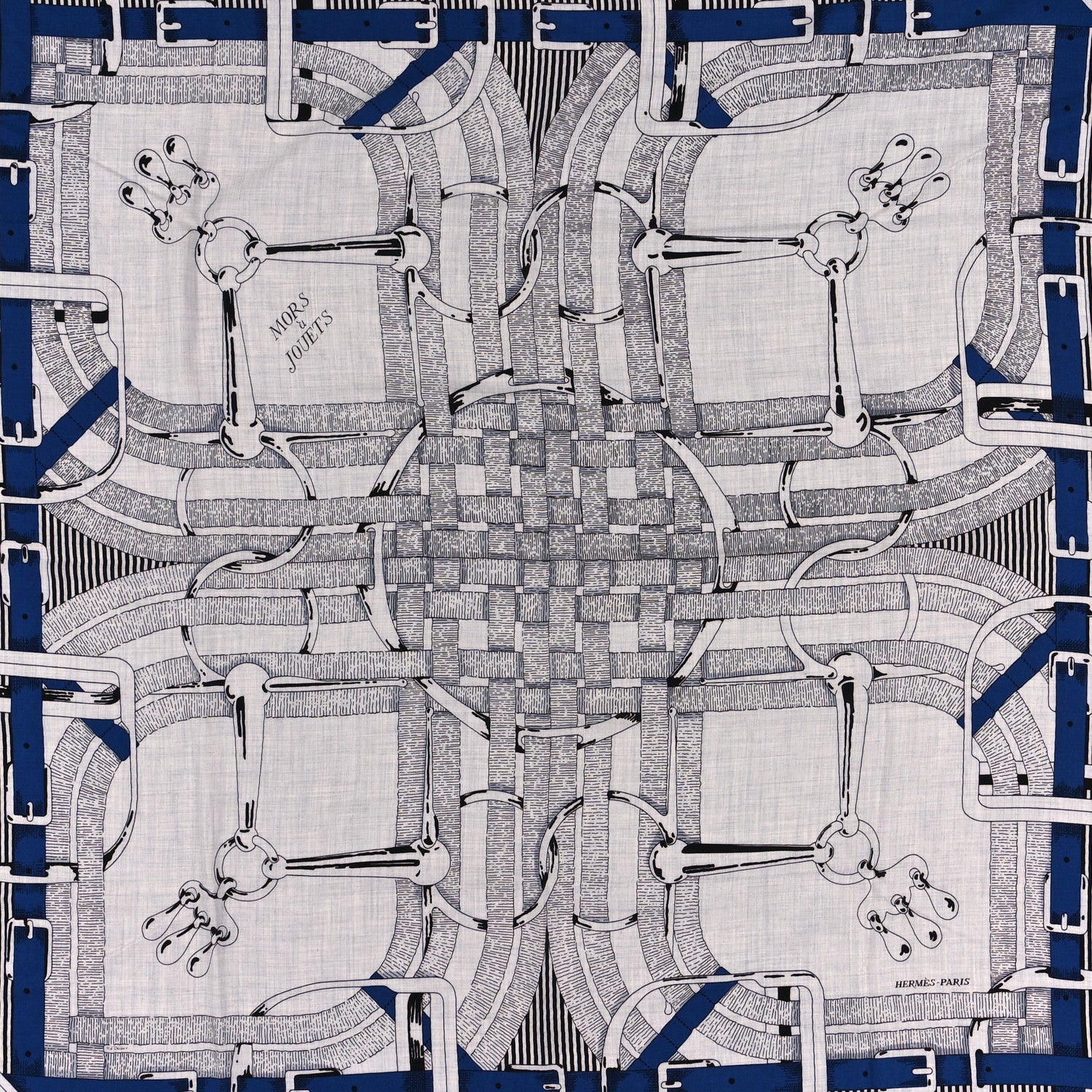 Hermes Cashmere Silk Mors A Jouets Chemise Shawl 140 Gris Chine Marine Black 5 of 5