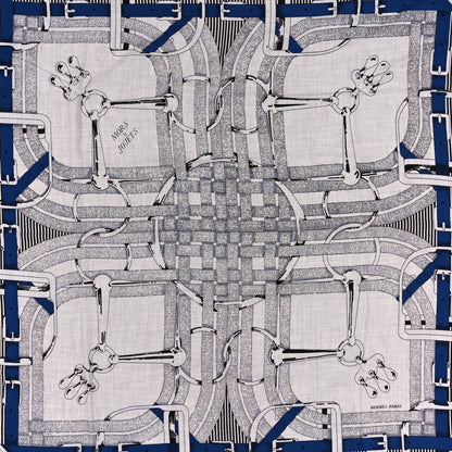 Hermes Cashmere Silk Mors A Jouets Chemise Shawl 140 Gris Chine Marine Black 5 of 5