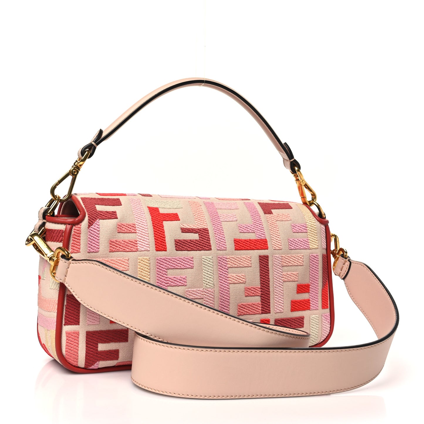 Canvas Vitello King FF Embroidered Baguette Rosa Quarzo Bloody Mary Multicolor