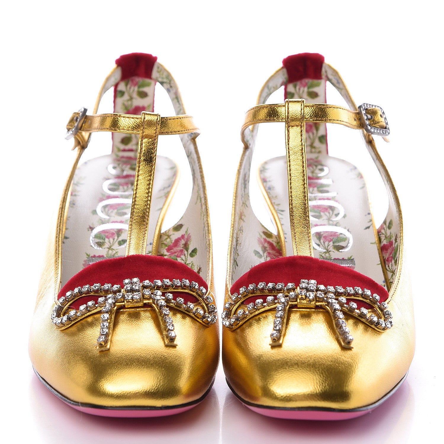 Gucci Metallic Nappa Velvet Crystal Bow Anita Pumps 39.5 Gold 2 of 11