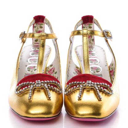 Gucci Metallic Nappa Velvet Crystal Bow Anita Pumps 39.5 Gold 2 of 11