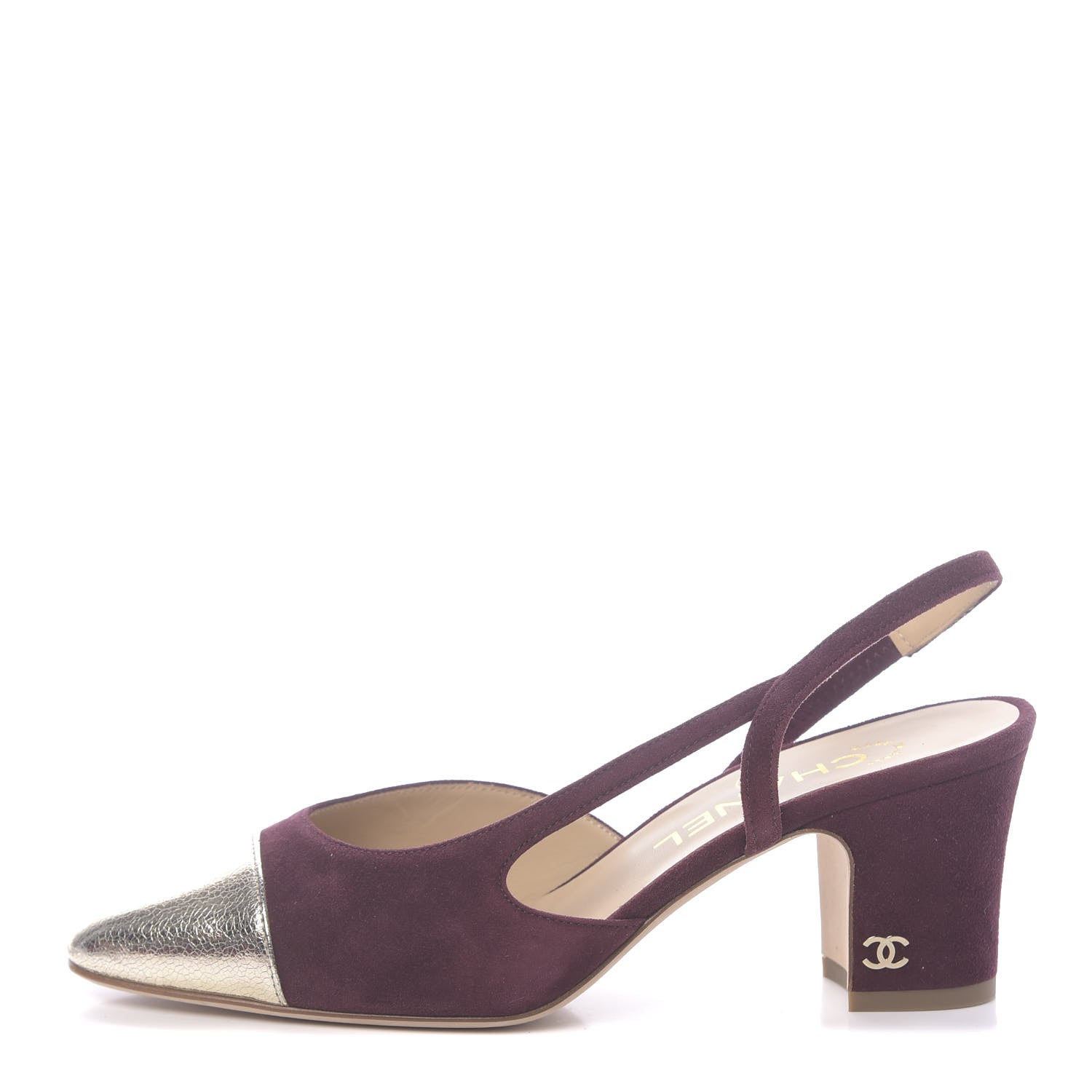 Chanel Kid Suede Metallic Lambskin Cap Toe CC Slingback Pumps 36 Burgundy Gold 1 of 9