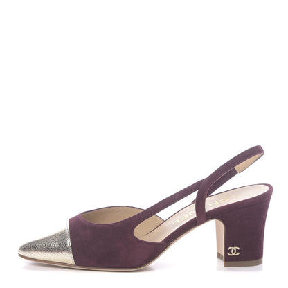 Chanel Kid Suede Metallic Lambskin Cap Toe CC Slingback Pumps 36 Burgundy Gold 1 of 9