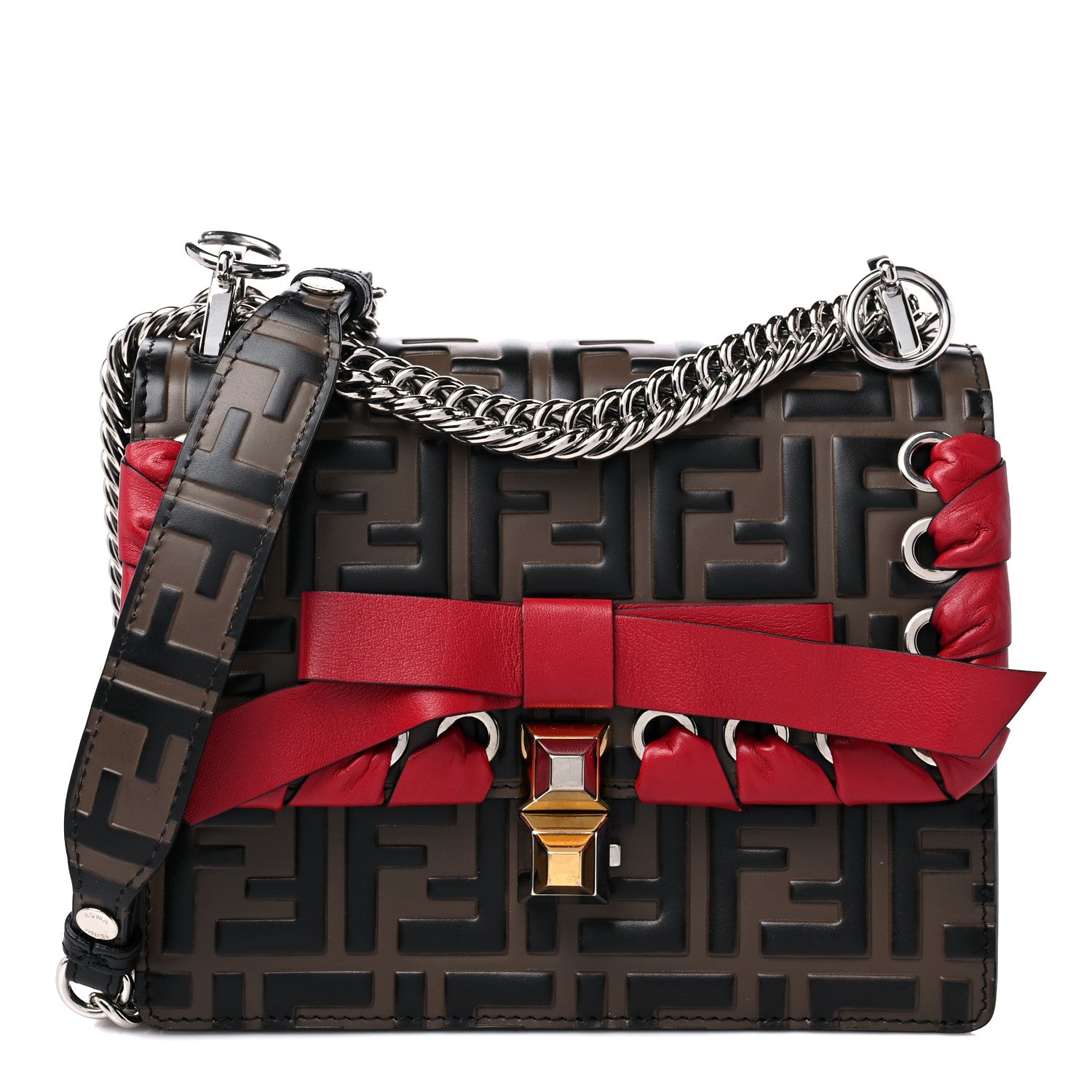 Fendi Vitello Shiny Nappa Bi-Color FF 1974 Lace Up Bow Embossed Small Kan I Shoulder Bag Maya Black Fragola 1 of 10