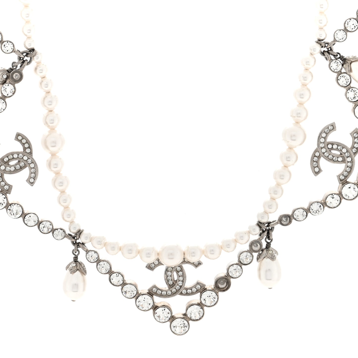 Crystal Pearl CC Choker Necklace Silver