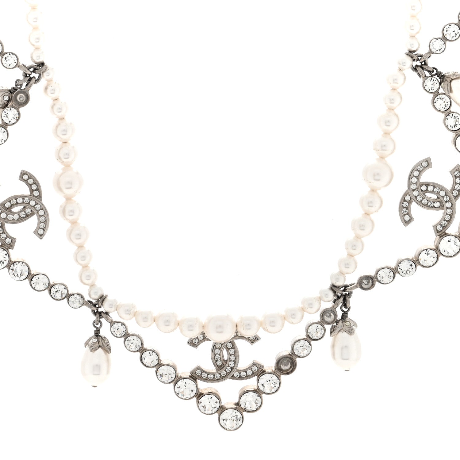 Chanel Crystal Pearl CC Choker Necklace Silver 1 of 4