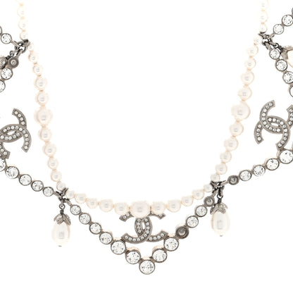 Chanel Crystal Pearl CC Choker Necklace Silver 1 of 4
