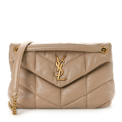 Saint Laurent Lambskin Quilted Medium Loulou Puffer Monogram Chain Satchel Dark Beige 1 of 8