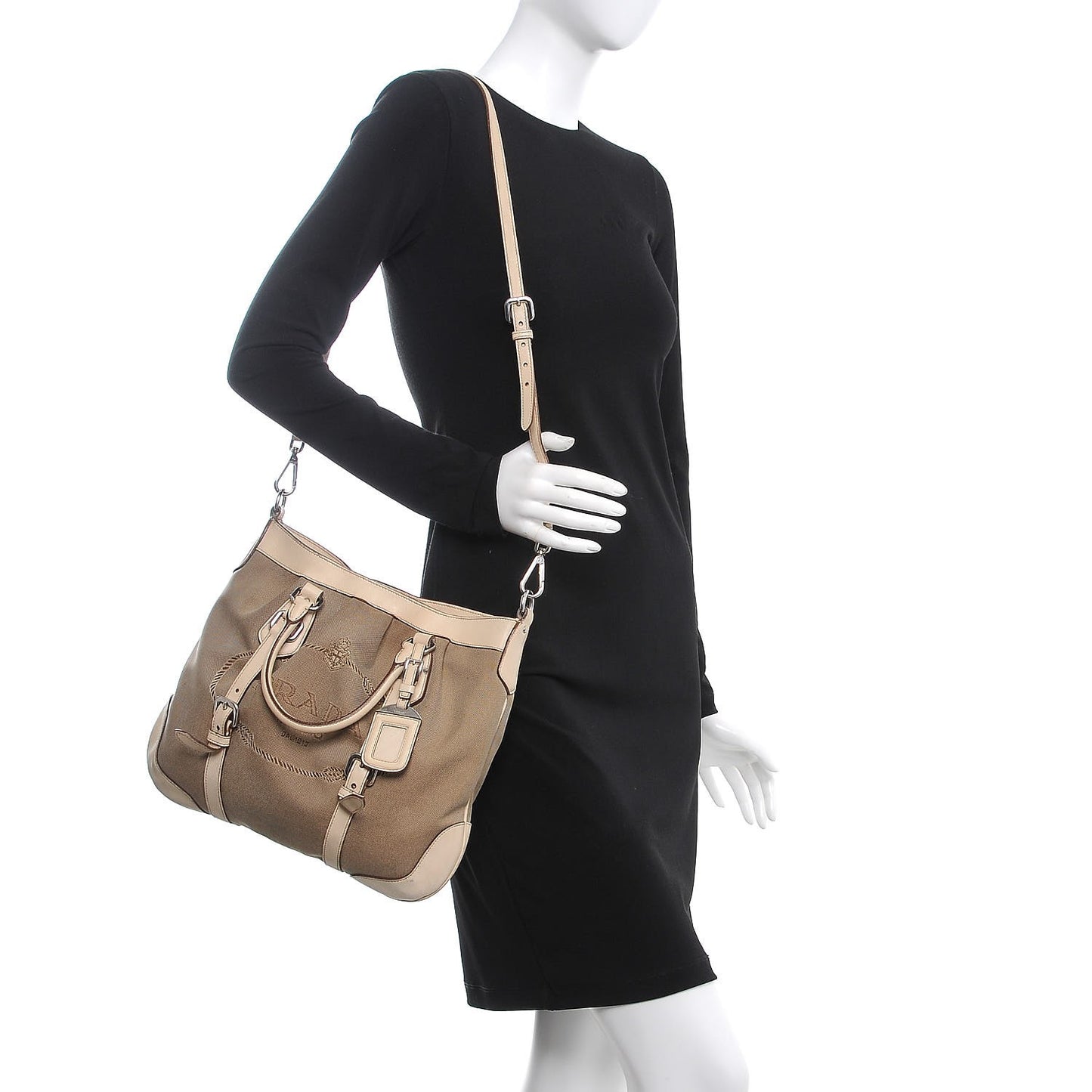 Jacquard Logo Frame Buckle Handbag Tote Bag Beige White